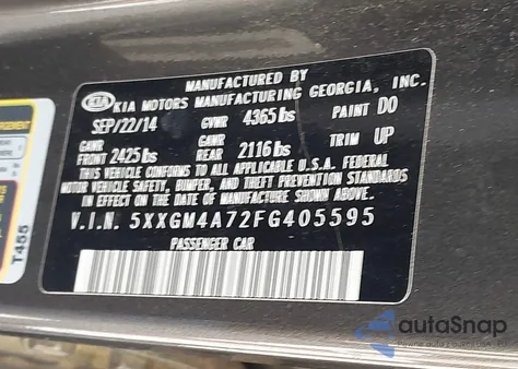 2015 Kia Optima Lx from USA, damaged, VIN 5XXGM4A72FG405595
